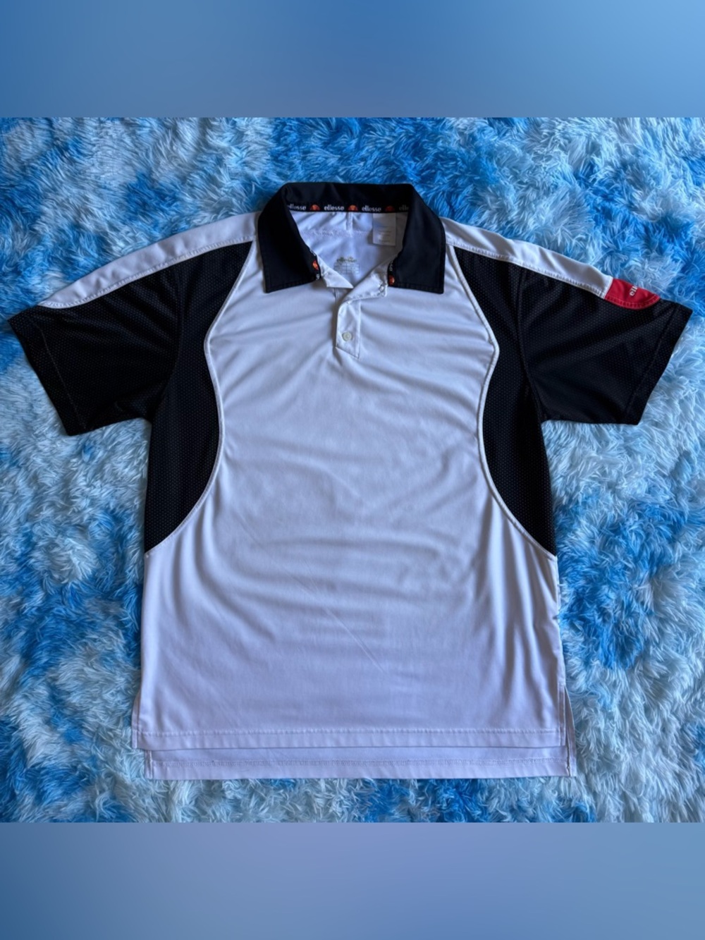 Ellesse Vintage Large White Colorblock Polo Shirt Black Red Retro Tennis Golf L